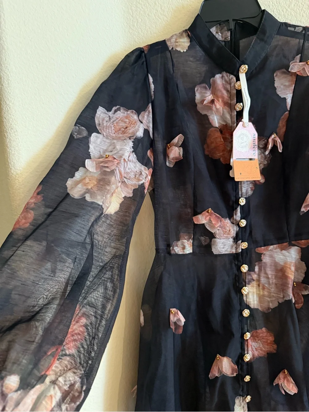 Sunfere Black Sophie 3D Floral Print Long Sleeve Midi Dress - NO BELT - Picture 5 of 11